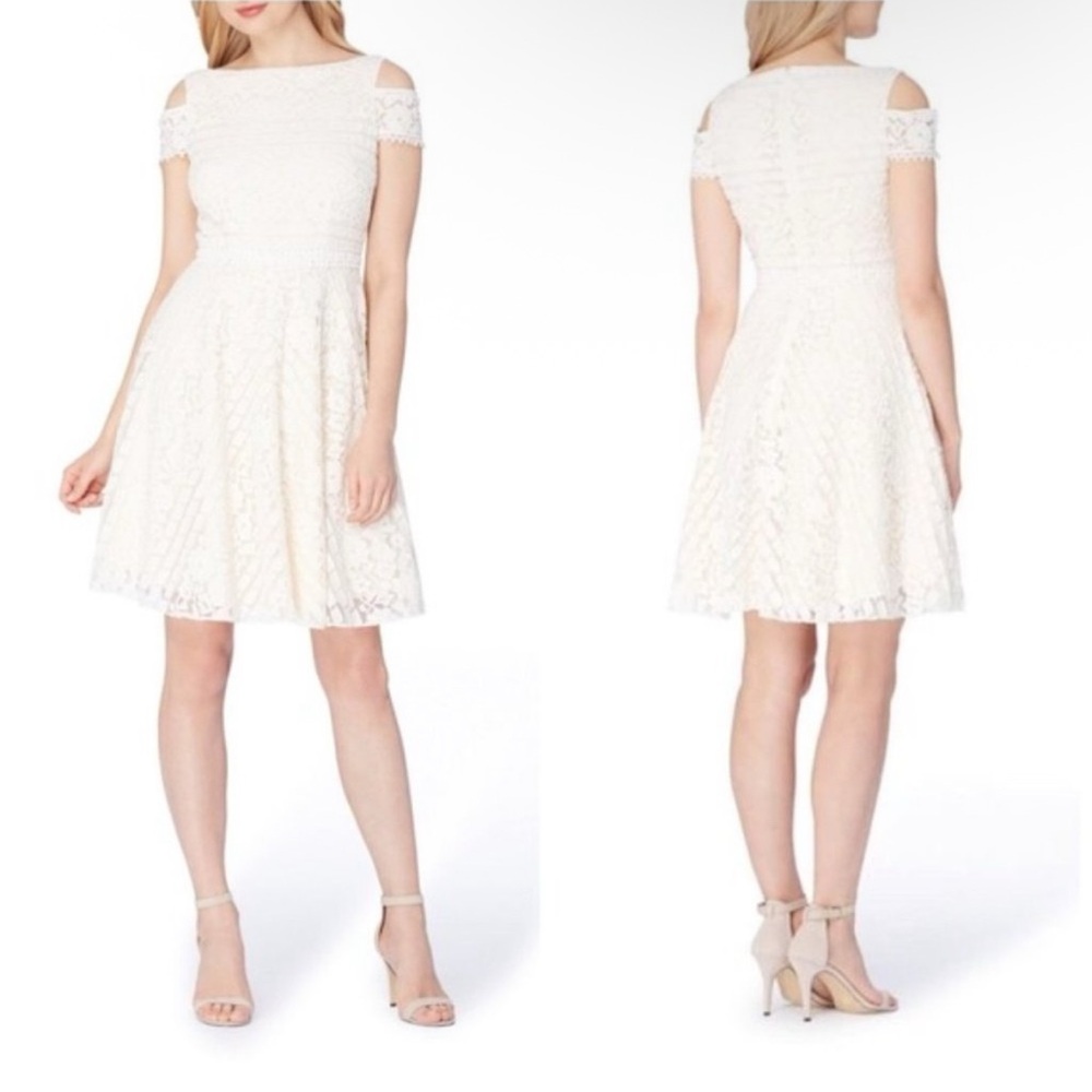 (B1) NWOT Tahari ASL White Ivory Cream Lace Cold Shoulder A-Line Dress 6‎